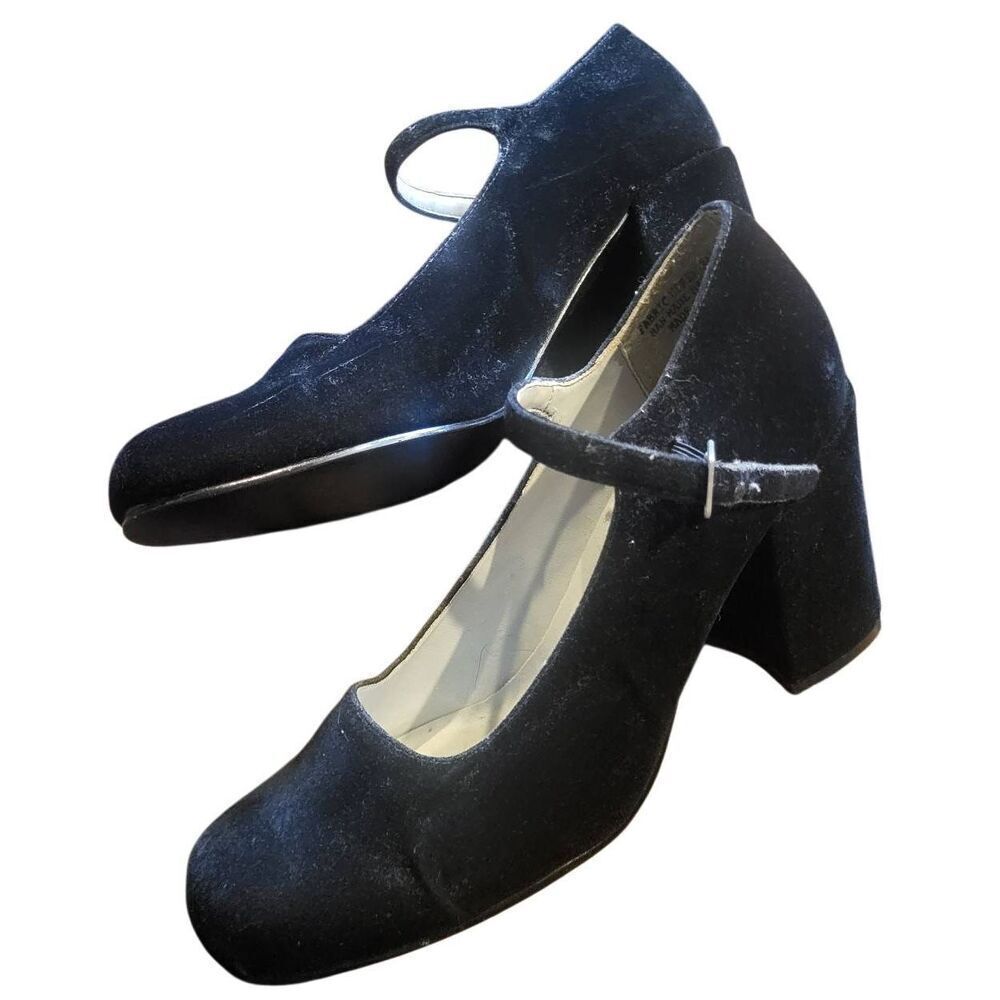 Vintage 90s Kenneth Cole Heels Women's 7.5 Black Velvet Mary Jane Block Heel